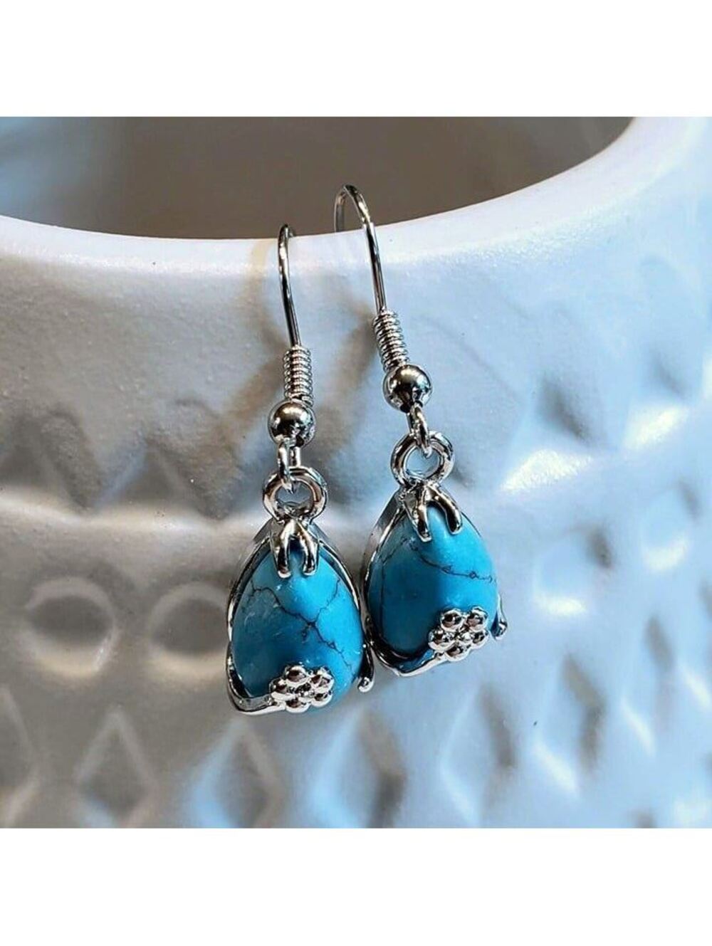 Little Teardrop Turquoise Gemstone Platinum Plated Handcrafted Earrings